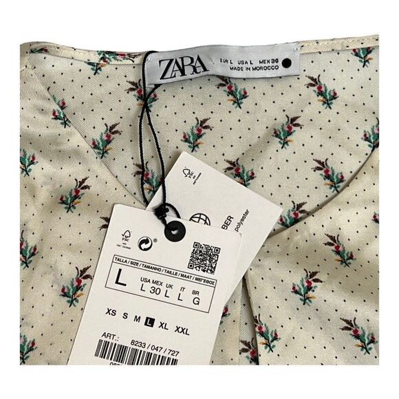 ZARA L SATIN SHOULDER PAD BLOUSE FLORAL & DOTS CREAM SLIT SEXY CROP BLOGGERS NEW - Picture 5 of 15